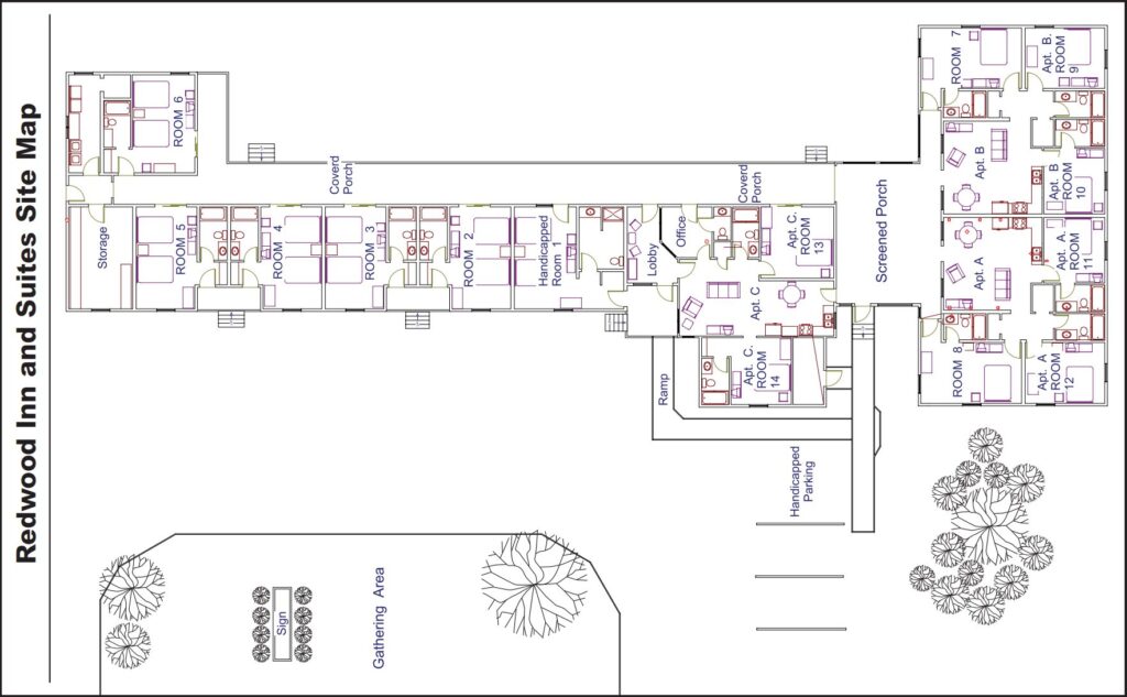 Redwood Inn and Suites site map showing guest rooms, common areas, gathering area, trees, and parking spaces.