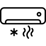Line drawing of an air conditioner with symbols for cooling (snowflake) and heating (wavy lines) below it.