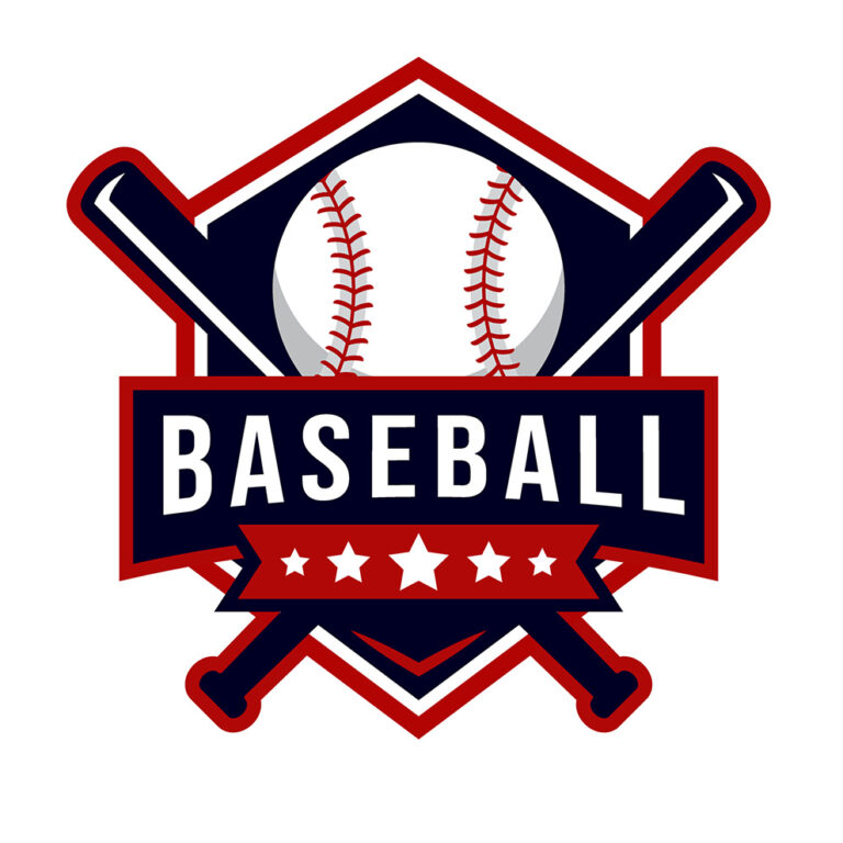 Baseball logo with crossed bats, a baseball, stars, and the word BASEBALL in bold letters.
