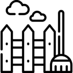 Line drawing of a fence and broom with two clouds in the sky above.
